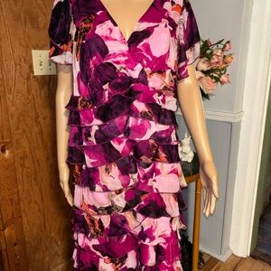 Fashion Bug V-Neck Ruffle Dress in Fuchsia and Plum